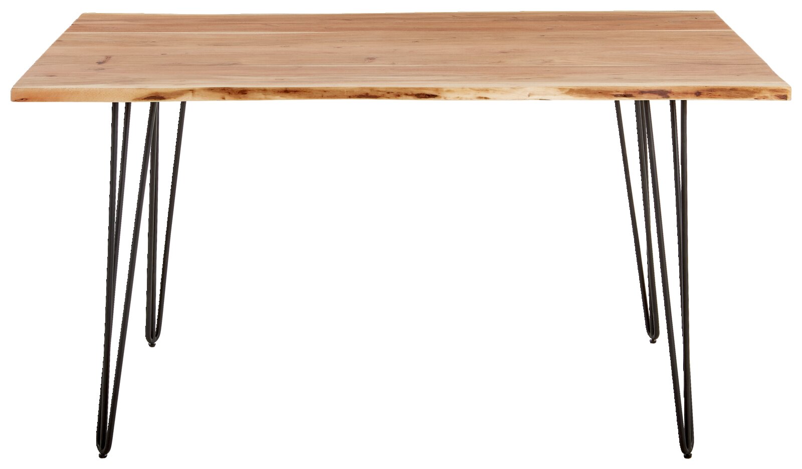 Moderner Esstisch mit Holzplatte und schwarzen Metallbeinen, frontal betrachtet.