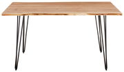 Moderner Esstisch mit Holzplatte und schwarzen Metallbeinen, frontal betrachtet.