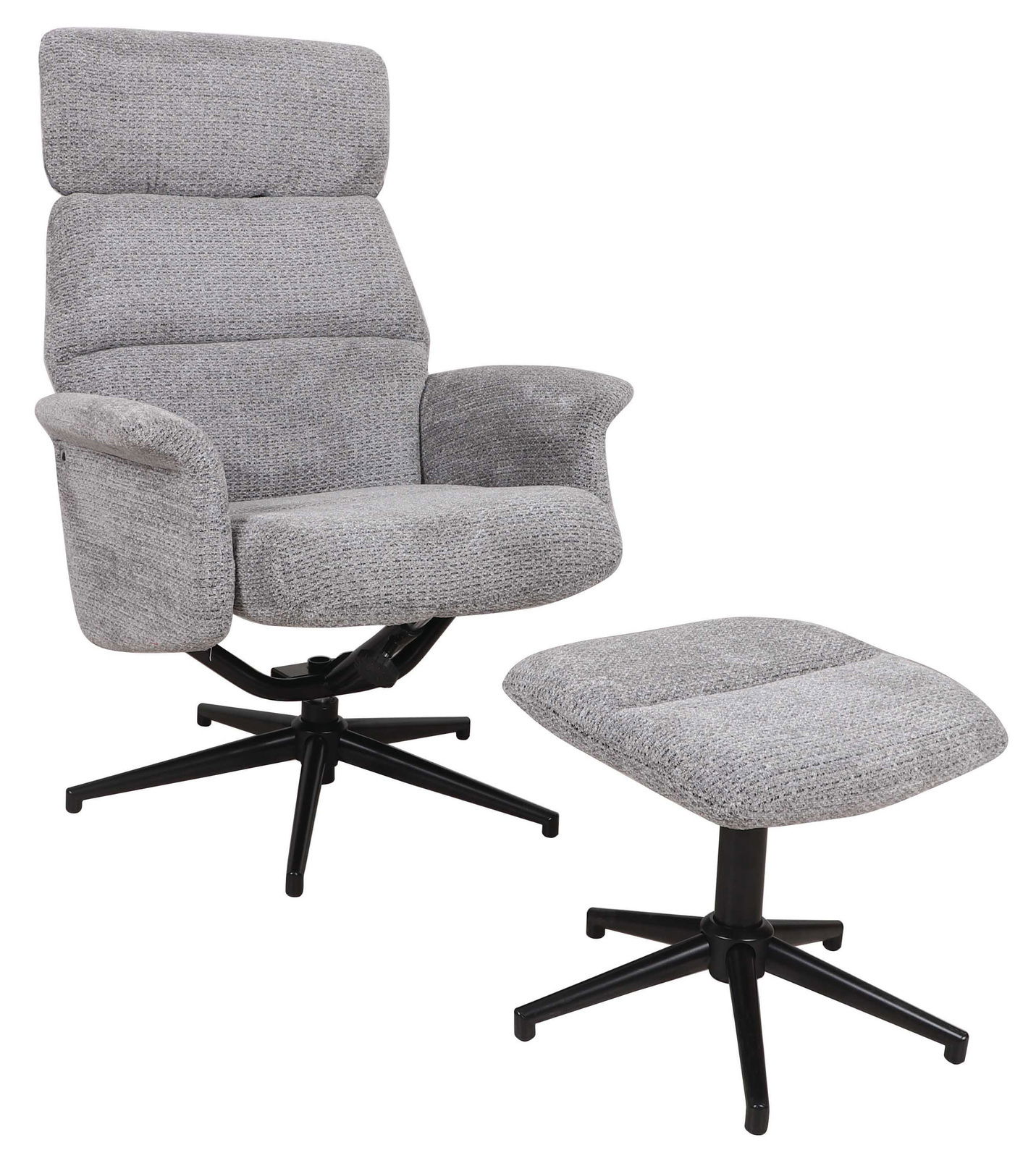 Grauer Relaxsessel mit passendem Hocker, seitliche Perspektive