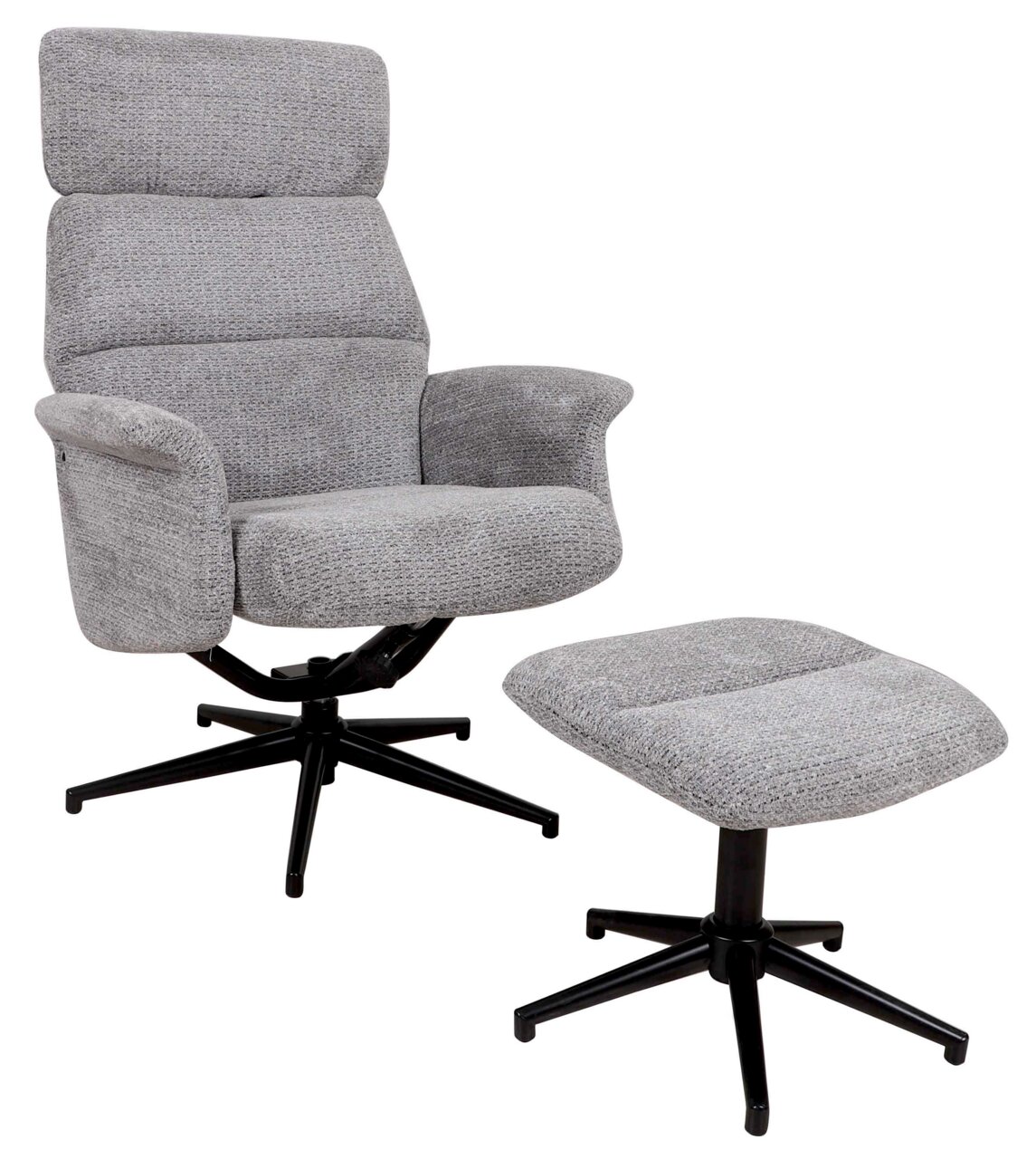 Grauer Relaxsessel mit passendem Hocker, seitliche Perspektive