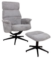 Grauer Relaxsessel mit passendem Hocker, seitliche Perspektive