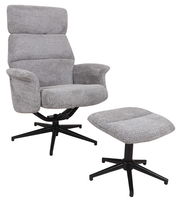 Grauer Relaxsessel mit passendem Hocker, seitliche Perspektive