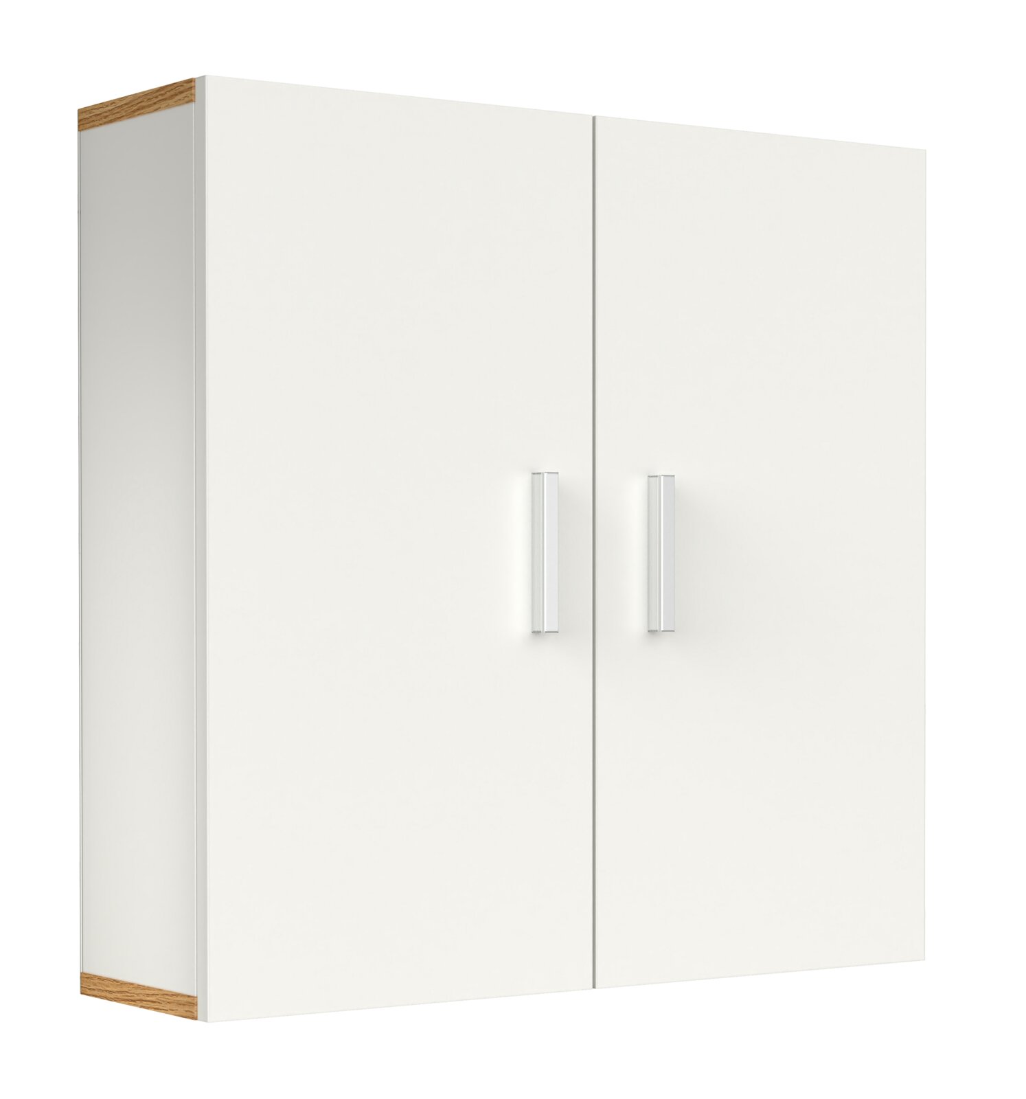 Weißer Hängeschrank/Wandschrank mit zwei Türen und silbernen Griffen, Holzdekor an Ober- und Unterkante, in schräger Frontansicht von links vor weißem Hintergrund