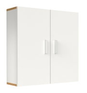 Weißer Hängeschrank/Wandschrank mit zwei Türen und silbernen Griffen, Holzdekor an Ober- und Unterkante, in schräger Frontansicht von links vor weißem Hintergrund