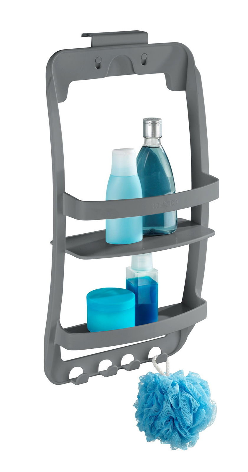 Graues Badregal mit drei Ablagen, gefüllt mit blauen Flaschen und einem blauen Duschschwamm, aus der Vorderansicht.