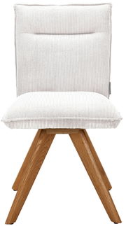 Moderner Stuhl mit weißem, geripptem Stoffbezug und Holzbeinen, Frontalansicht