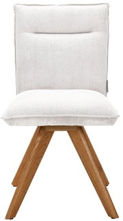 Moderner Stuhl mit weißem, geripptem Stoffbezug und Holzbeinen, Frontalansicht