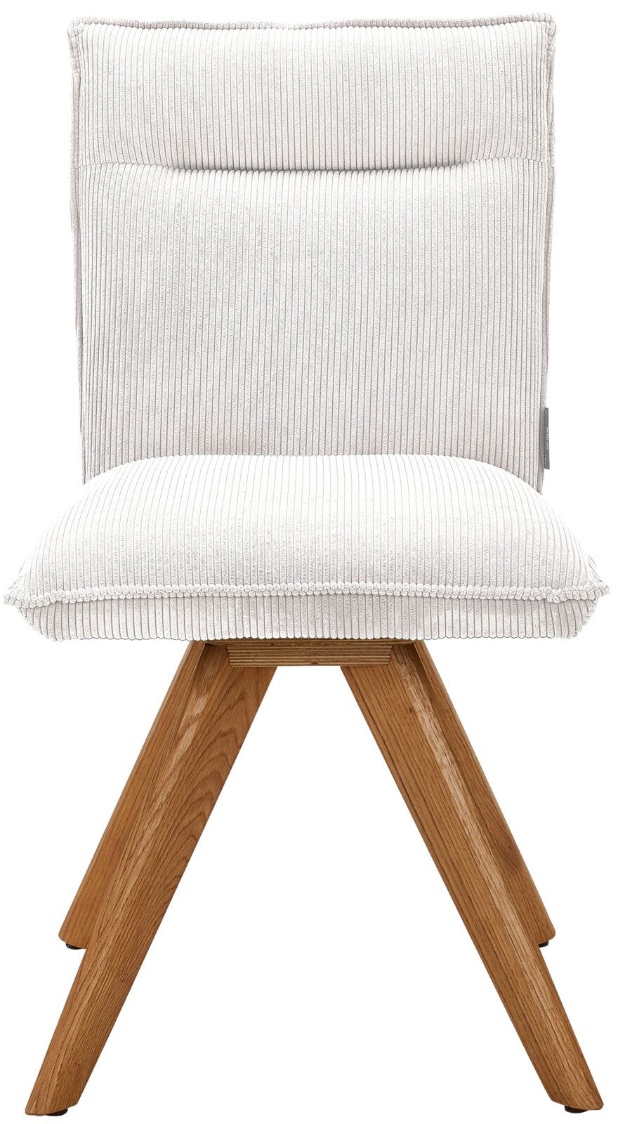 Moderner Stuhl mit weißem, geripptem Stoffbezug und Holzbeinen, Frontalansicht