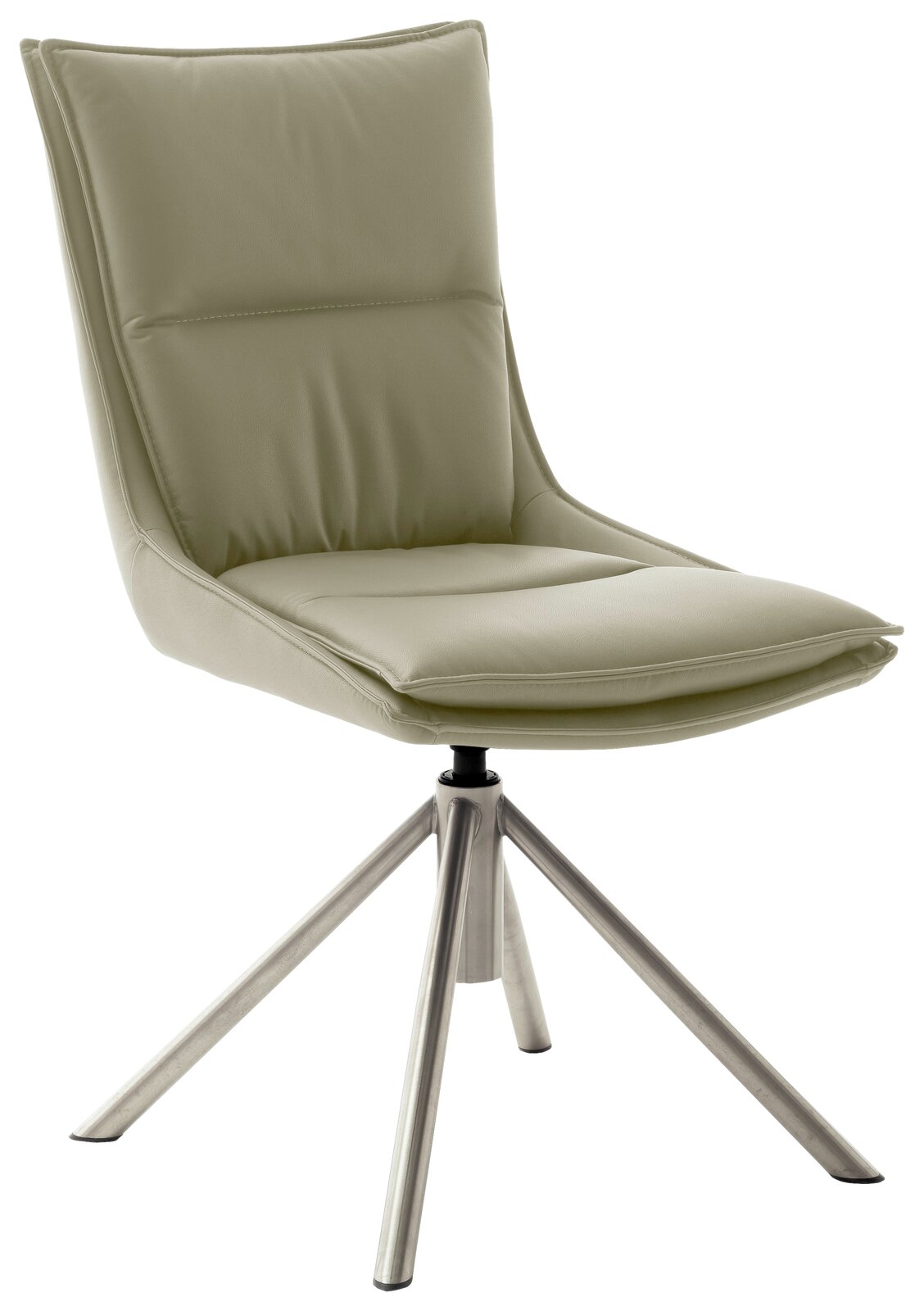 Moderner Stuhl mit hellgrünem Polster und Metallbeinen, seitliche Perspektive