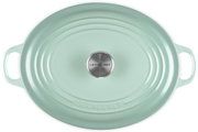 Mintgrüner ovaler Le Creuset Bräter mit Deckel und seitlichen Griffen, Draufsicht von oben auf weißem Hintergrund