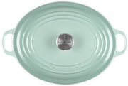 Mintgrüner ovaler Le Creuset Bräter mit Deckel und seitlichen Griffen, Draufsicht von oben auf weißem Hintergrund
