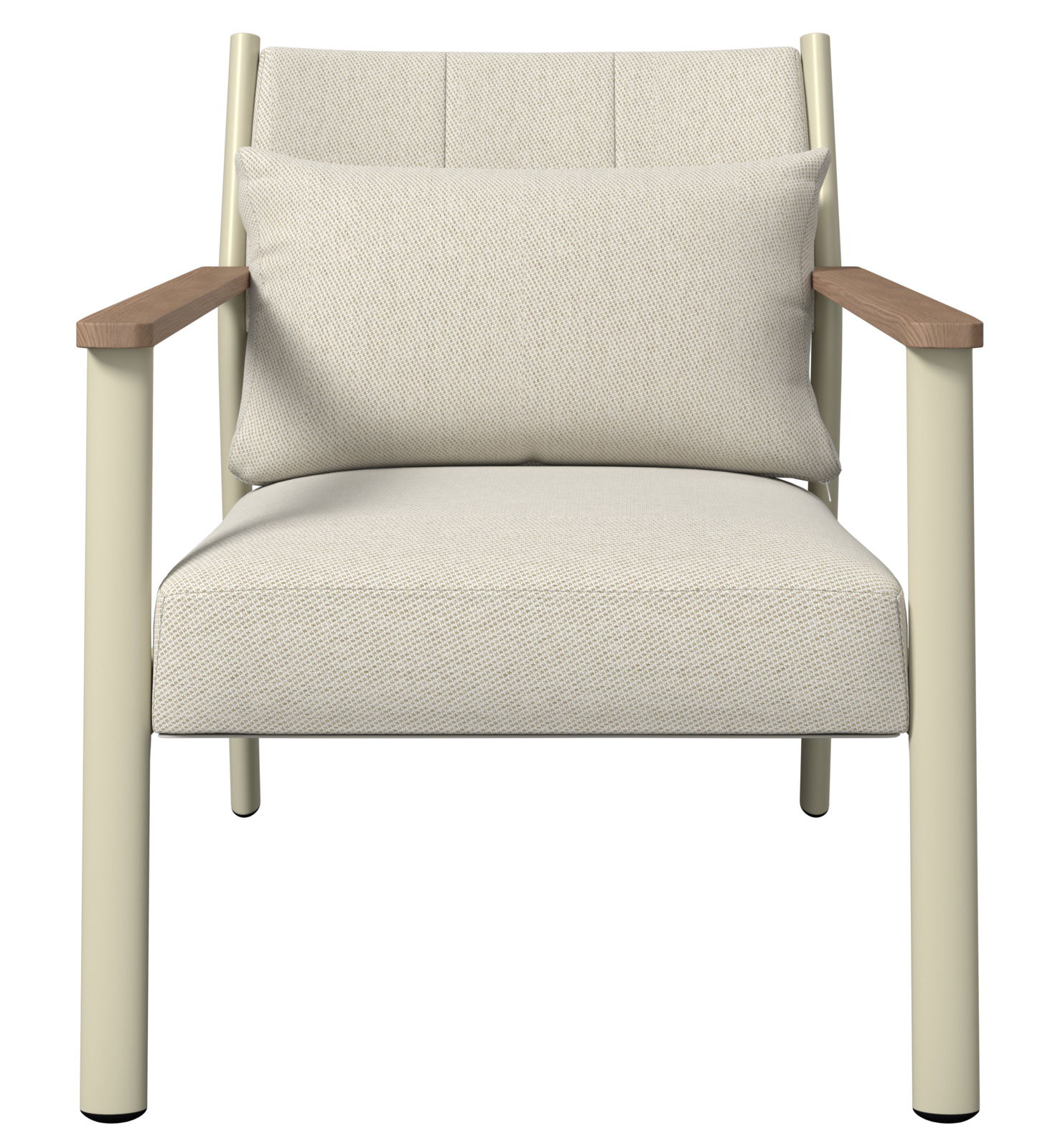 Frontansicht eines beigen Gartenstuhls mit Armlehnen aus Holz und einem Kissen.