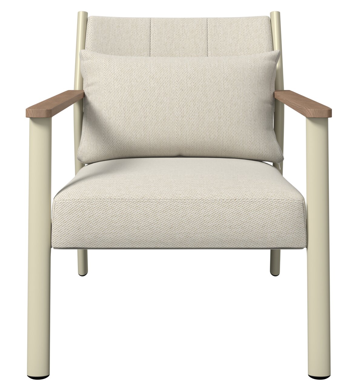 Frontansicht eines beigen Gartenstuhls mit Armlehnen aus Holz und einem Kissen.