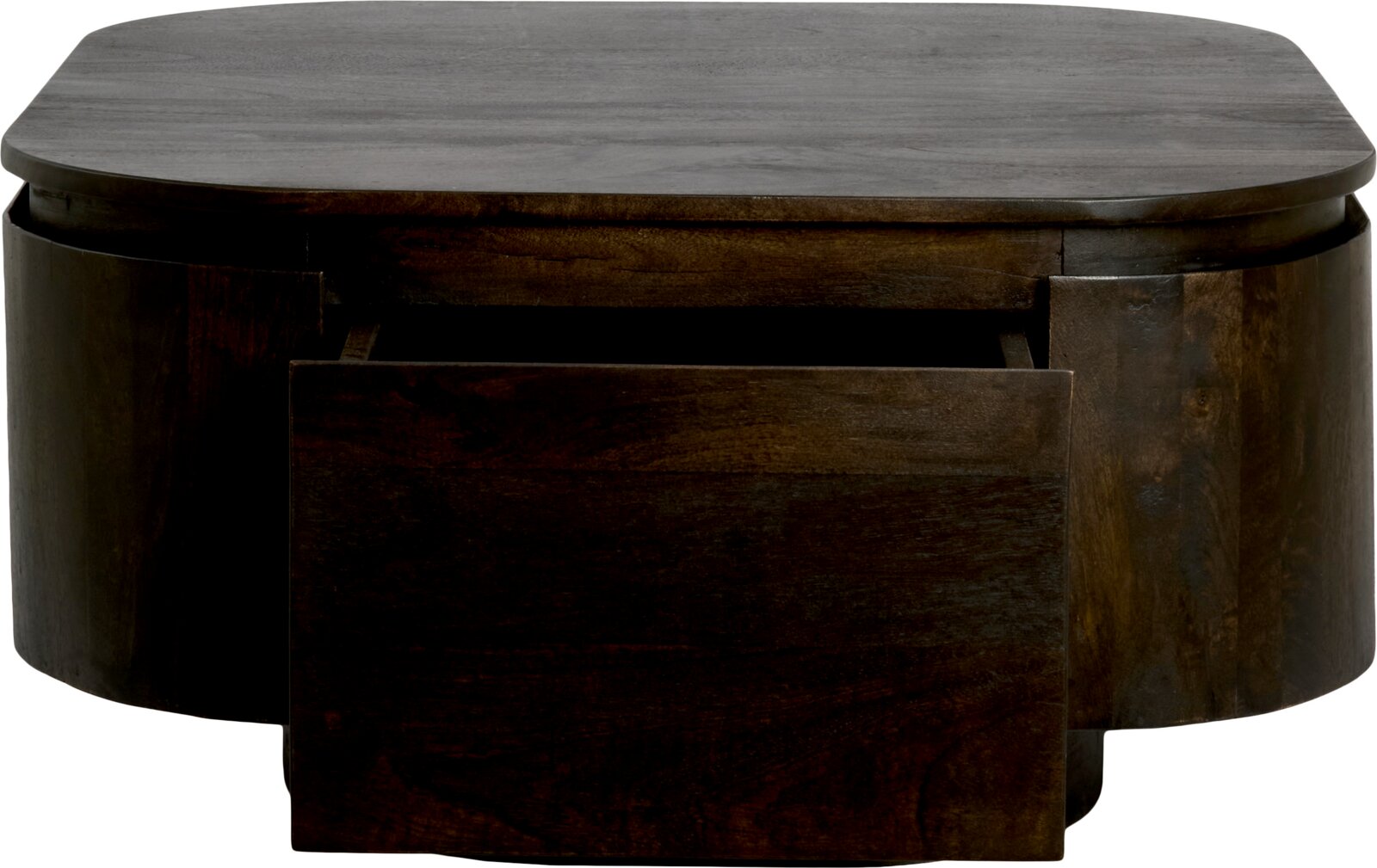 Dunkelbrauner Couchtisch aus Holz mit abgerundeter Form und geöffneter Schublade, frontal aus leicht erhöhter Perspektive dargestellt