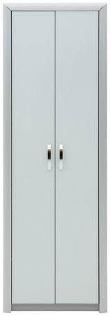 Moderner Garderobenschrank mit zwei Türen und silbernen Griffen, Frontalansicht.