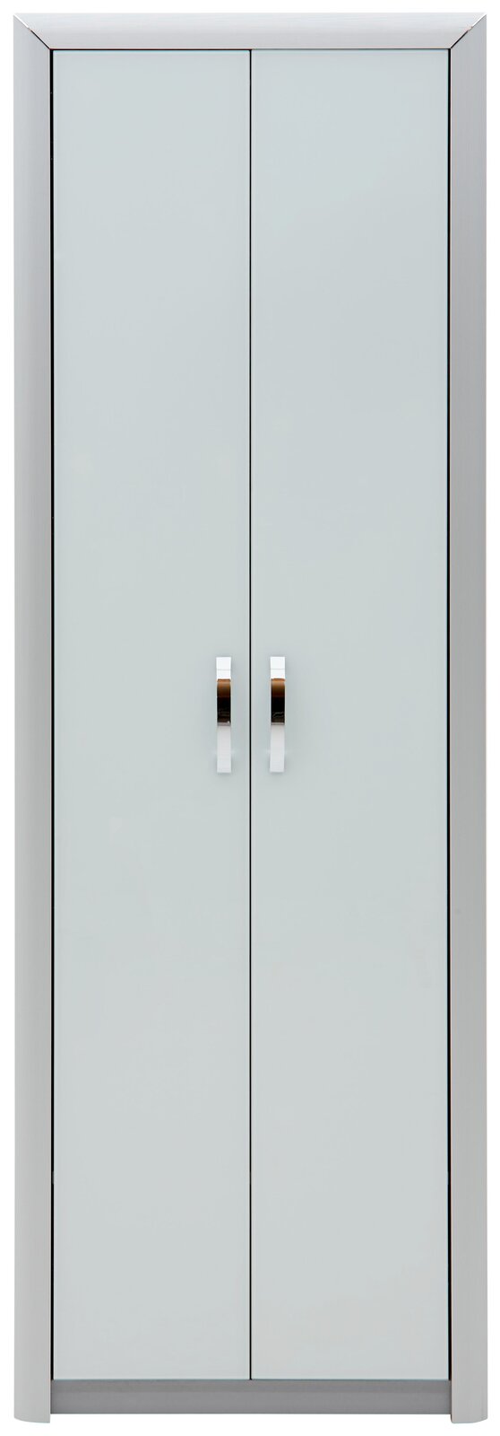 Moderner Garderobenschrank mit zwei Türen und silbernen Griffen, Frontalansicht.