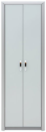 Moderner Garderobenschrank mit zwei Türen und silbernen Griffen, Frontalansicht.