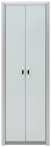 Moderner Garderobenschrank mit zwei Türen und silbernen Griffen, Frontalansicht.