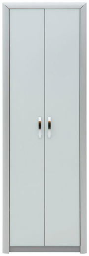 Moderner Garderobenschrank mit zwei Türen und silbernen Griffen, Frontalansicht.