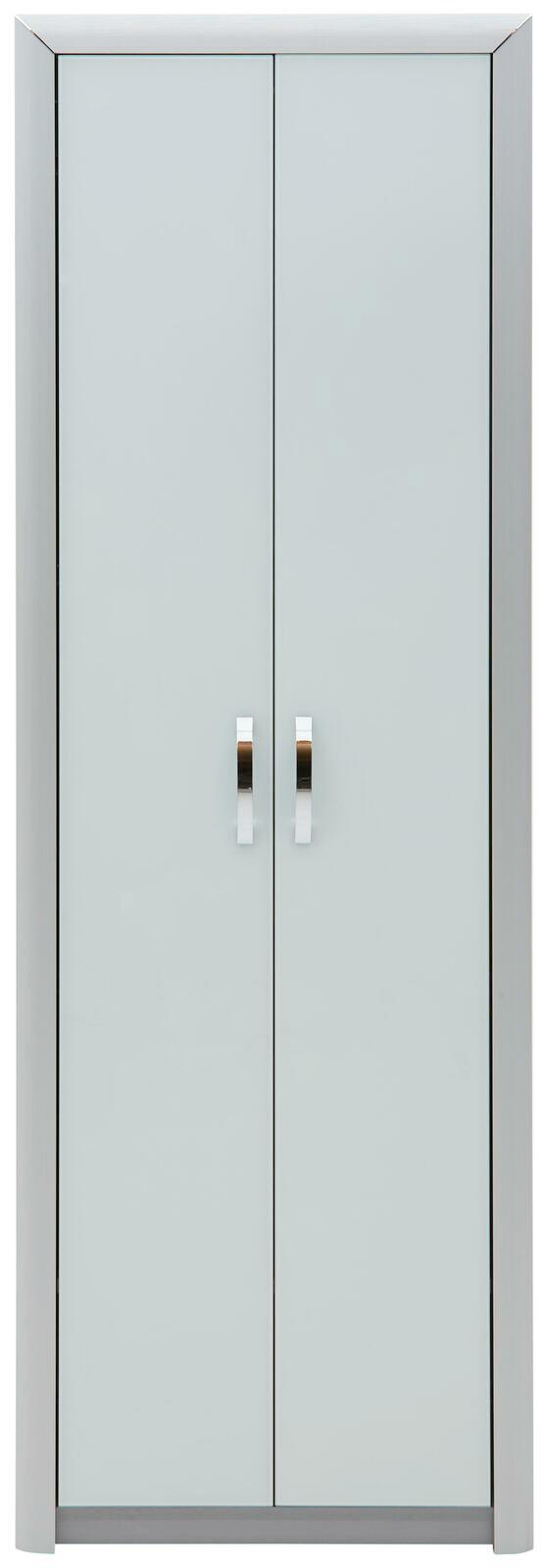 Moderner Garderobenschrank mit zwei Türen und silbernen Griffen, Frontalansicht.