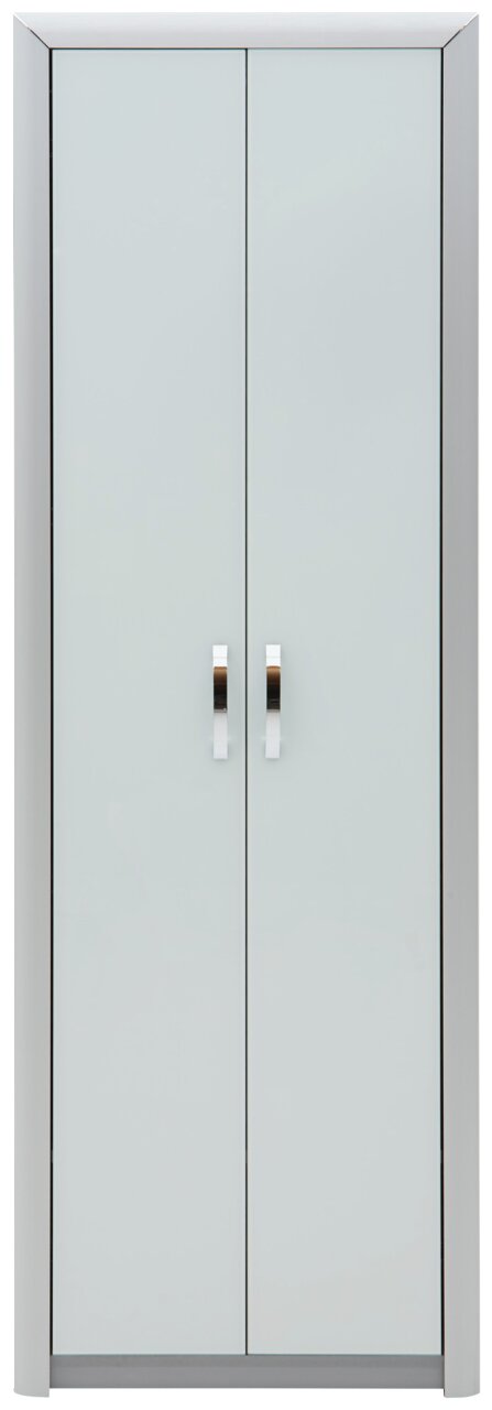 Moderner Garderobenschrank mit zwei Türen und silbernen Griffen, Frontalansicht.