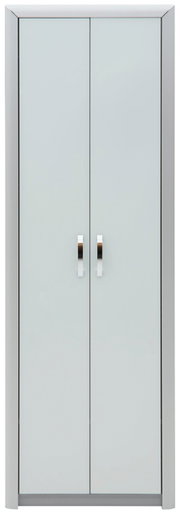 Moderner Garderobenschrank mit zwei Türen und silbernen Griffen, Frontalansicht.