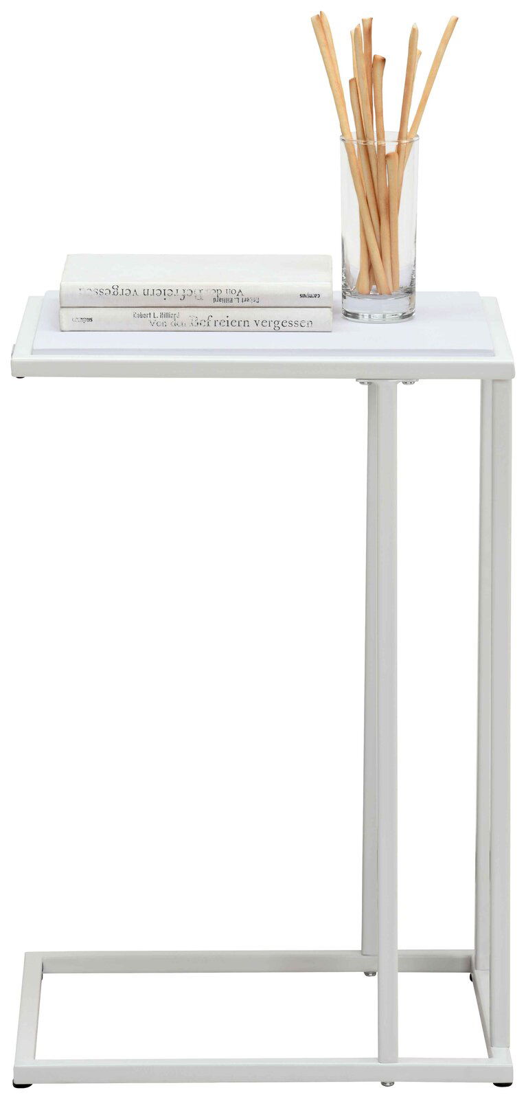 BOXXX Beistelltisch PROMO Moderner Beistelltisch aus Metall mit weißer Tischplatte, darauf zwei Bücher und ein Glas mit Brotstangen, seitliche Perspektive.