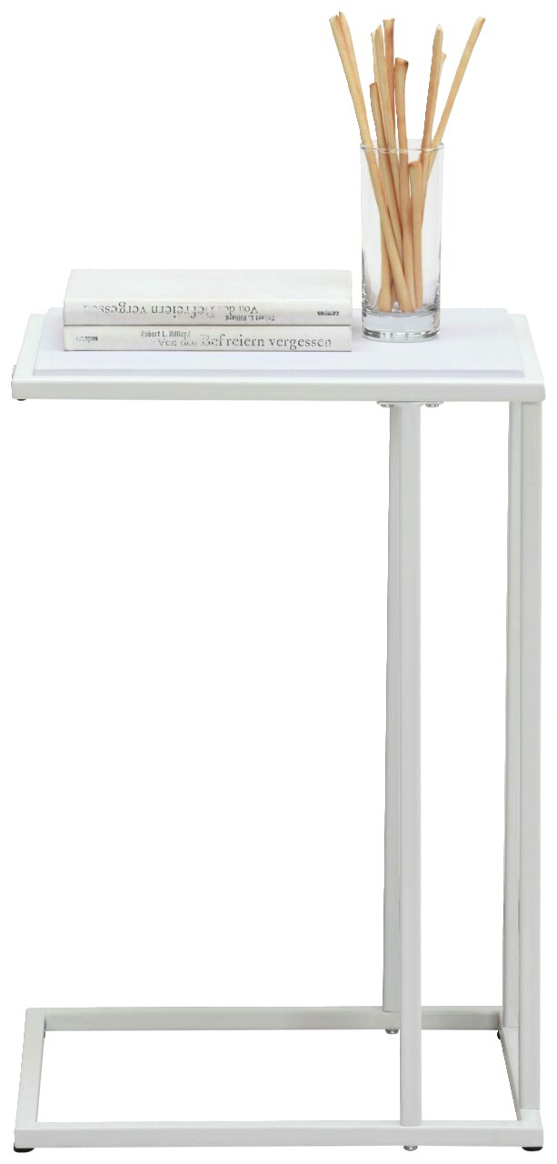 BOXXX Beistelltisch PROMO Moderner Beistelltisch aus Metall mit weißer Tischplatte, darauf zwei Bücher und ein Glas mit Brotstangen, seitliche Perspektive.
