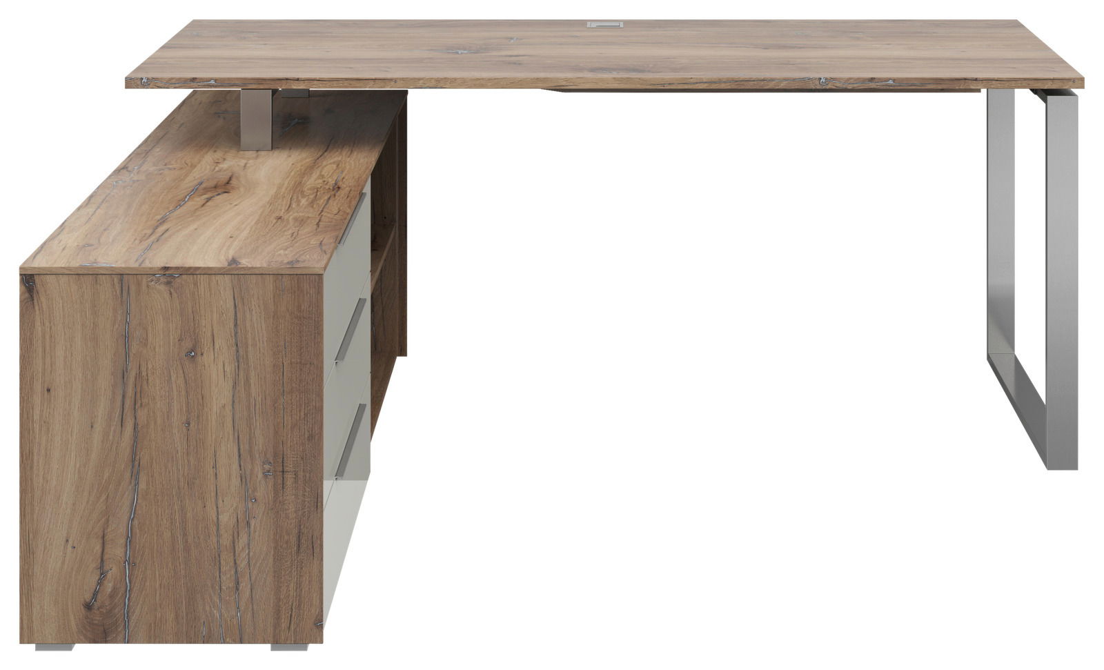 Moderner Eckschreibtisch aus Holz mit Metallbeinen, seitliche Perspektive