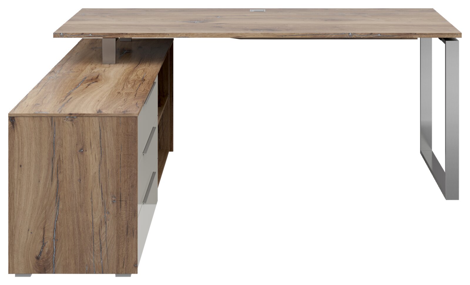 Moderner Eckschreibtisch aus Holz mit Metallbeinen, seitliche Perspektive