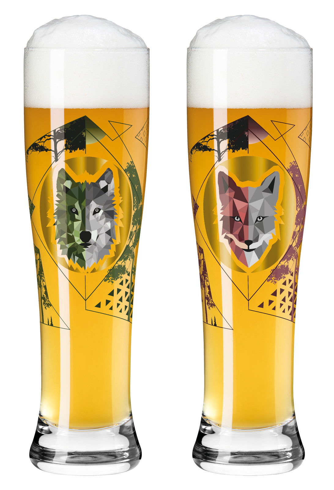 Ritzenhoff 2er-Set Weizengläser BRAUCHZEIT Zwei Weizengläser mit Schaumkrone, verziert mit geometrischen Wolfsmotiven, frontal abgebildet.