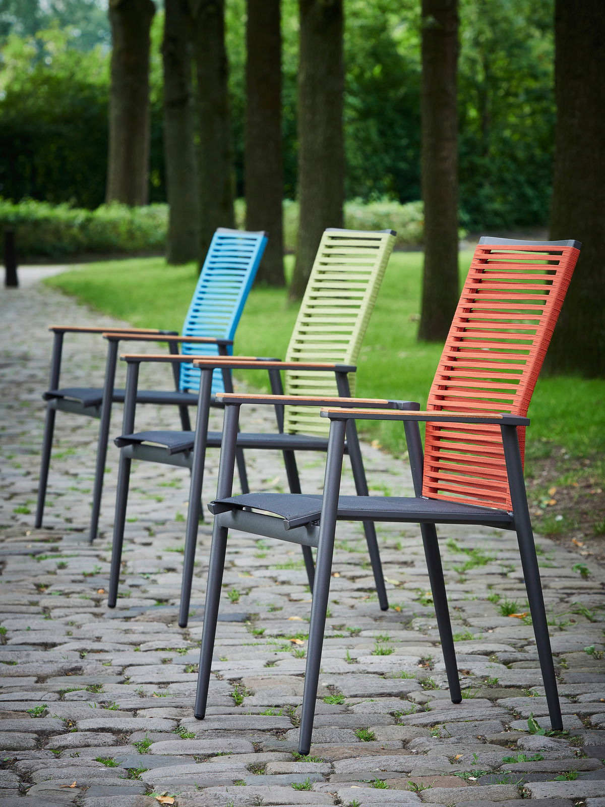 Vier bunte Gartenstühle in einer Reihe auf einem gepflasterten Weg, umgeben von Bäumen, aus seitlicher Perspektive fotografiert.