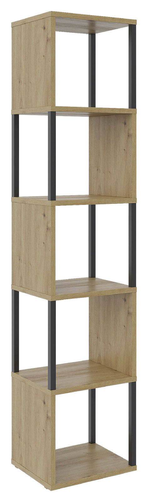 Schmales Regal XORA ARTLINE aus Holz mit fünf offenen Fächern und schwarzen Metallstreben, seitliche Perspektive