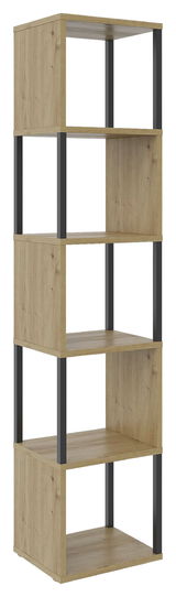 Schmales Regal XORA ARTLINE aus Holz mit fünf offenen Fächern und schwarzen Metallstreben, seitliche Perspektive