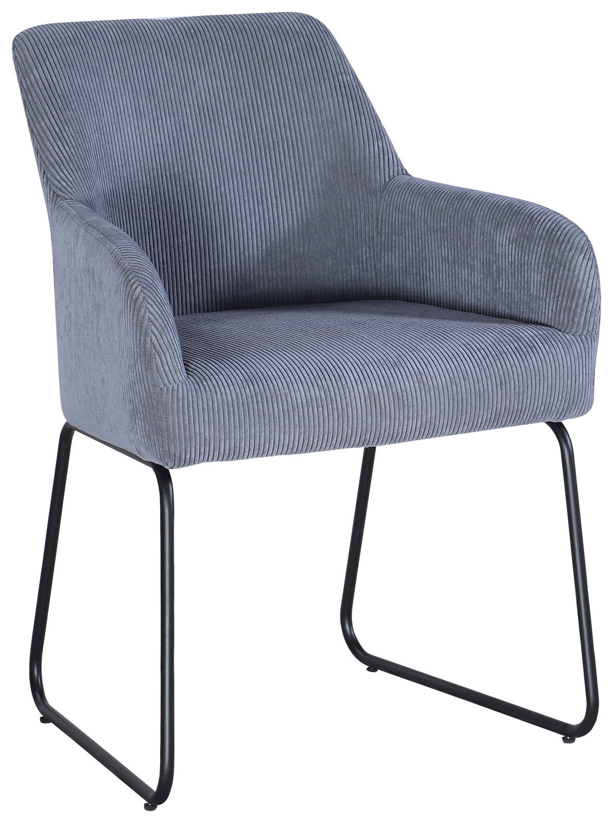 Grauer Armlehnstuhl mit geripptem Stoffbezug und schwarzen Metallbeinen, seitliche Perspektive