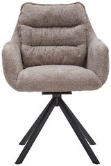 Frontansicht eines beigen Armlehnstuhls mit gepolstertem Sitz und schwarzem Metallgestell.