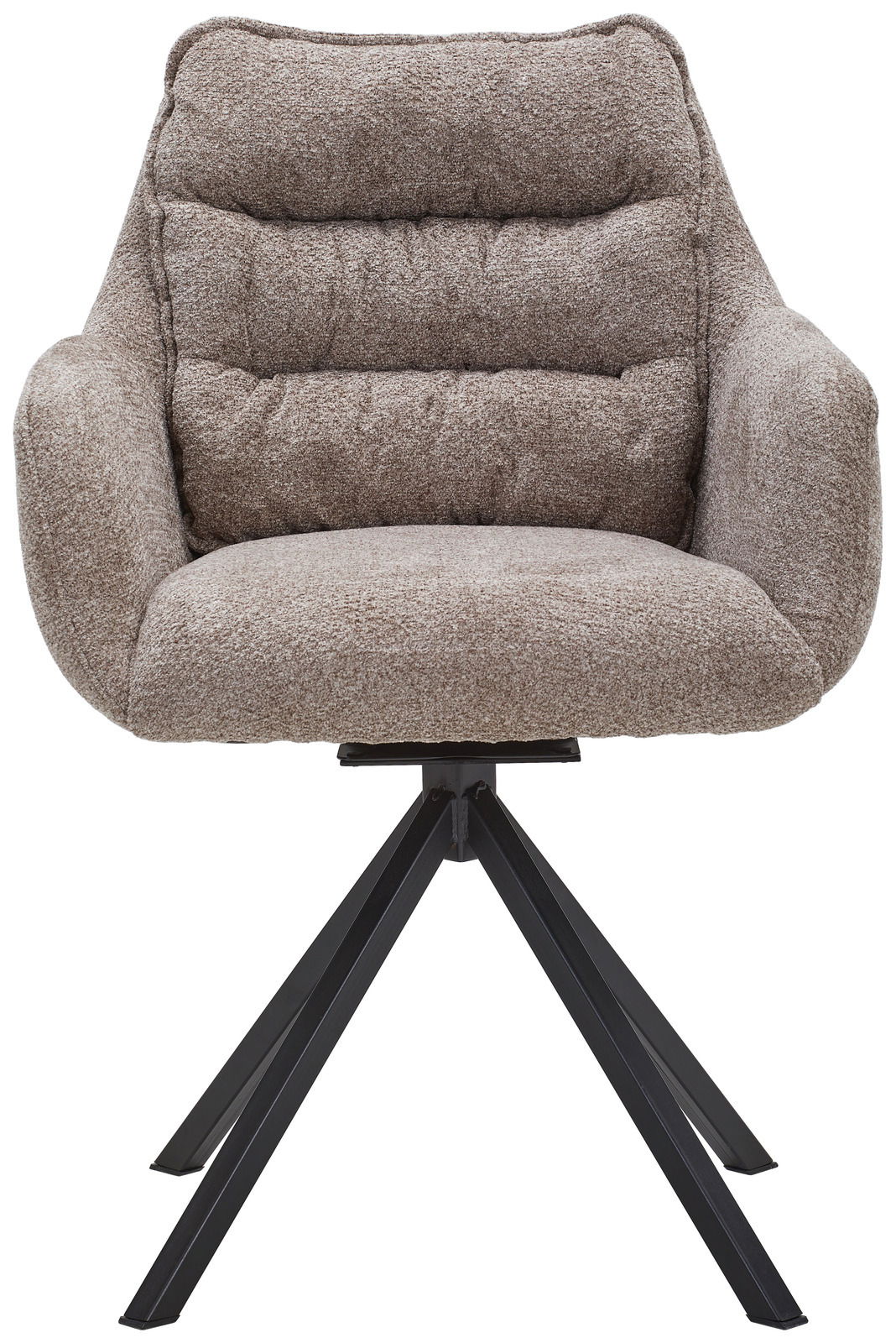 Frontansicht eines beigen Armlehnstuhls mit gepolstertem Sitz und schwarzem Metallgestell.