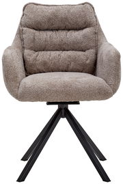 Frontansicht eines beigen Armlehnstuhls mit gepolstertem Sitz und schwarzem Metallgestell.