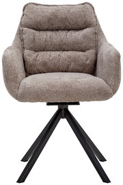 Frontansicht eines beigen Armlehnstuhls mit gepolstertem Sitz und schwarzem Metallgestell.