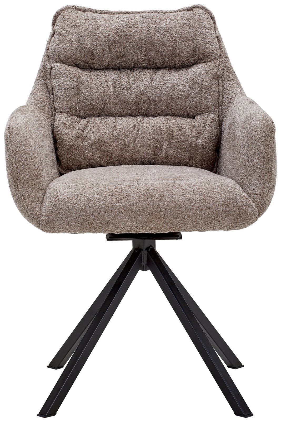 Frontansicht eines beigen Armlehnstuhls mit gepolstertem Sitz und schwarzem Metallgestell.