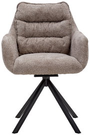 Frontansicht eines beigen Armlehnstuhls mit gepolstertem Sitz und schwarzem Metallgestell.