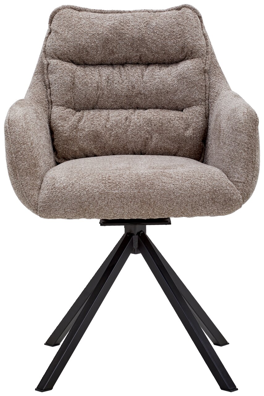 Frontansicht eines beigen Armlehnstuhls mit gepolstertem Sitz und schwarzem Metallgestell.