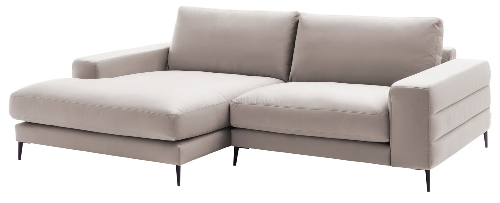 Beige Longchairkombination mit zwei Sitzplätzen und einer Chaiselongue, seitliche Perspektive