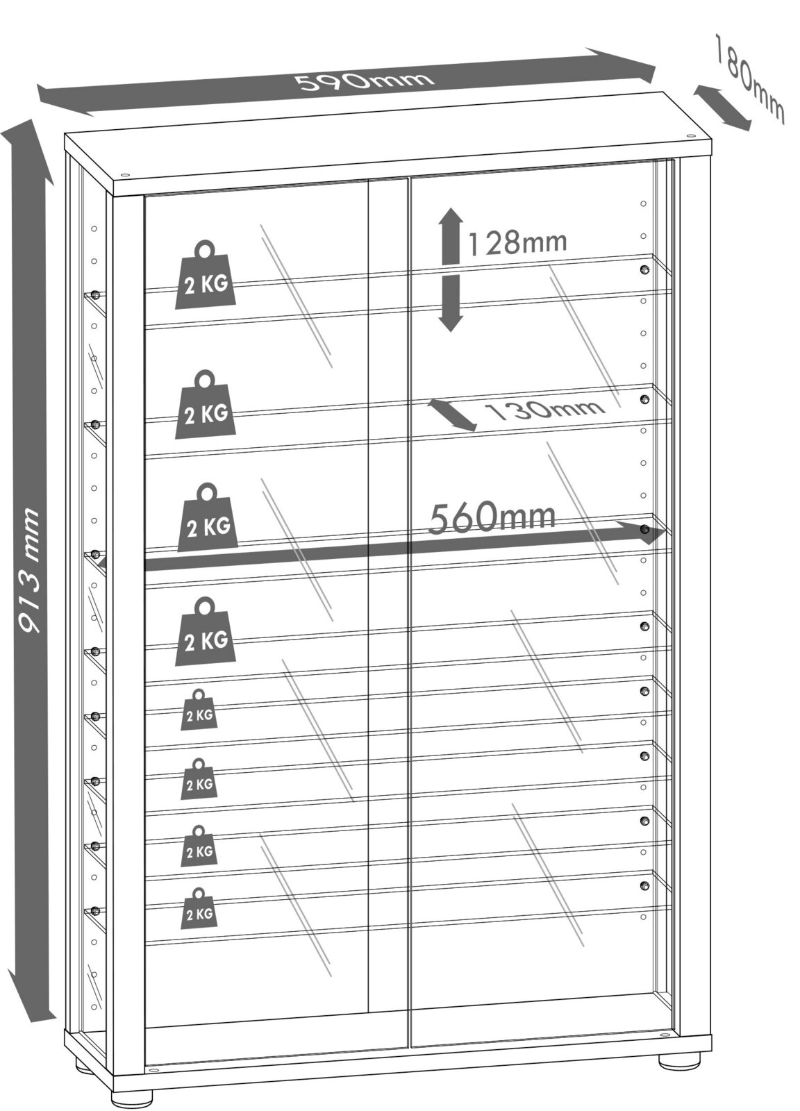 Technische Zeichnung eines hohen Glasvitrinenschranks mit zwei Glasschiebetüren und mehreren Glasböden (je 2 kg Traglast), Maße ca. 913 mm Höhe, 590 mm Breite, 180 mm Tiefe, Innenbreite 560 mm; dargestellt in frontaler Ansicht mit leichter Perspektive von