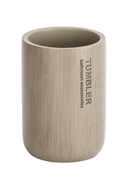 Zahnputzbecher Palo taupe aus seitlicher Perspektive, mit vertikaler Beschriftung 'TUMBLER bathroom accessories'.