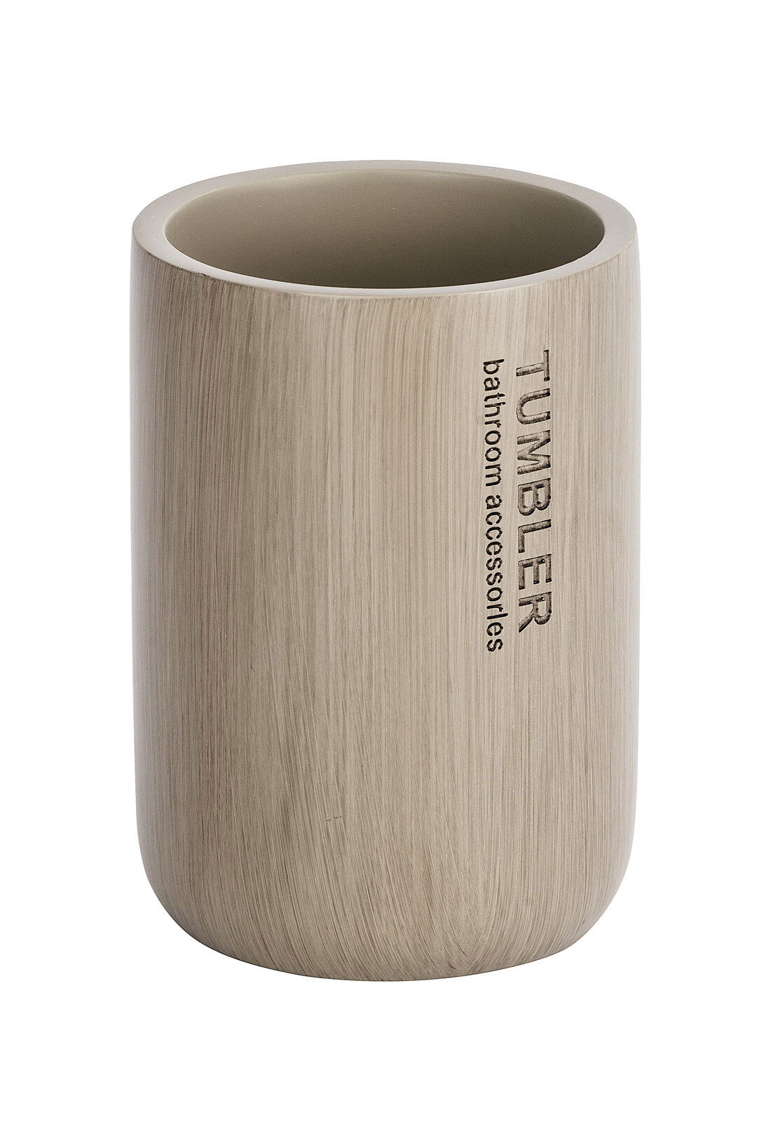 Zahnputzbecher Palo taupe aus seitlicher Perspektive, mit vertikaler Beschriftung 'TUMBLER bathroom accessories'.