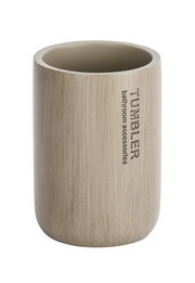 Zahnputzbecher Palo taupe aus seitlicher Perspektive, mit vertikaler Beschriftung 'TUMBLER bathroom accessories'.