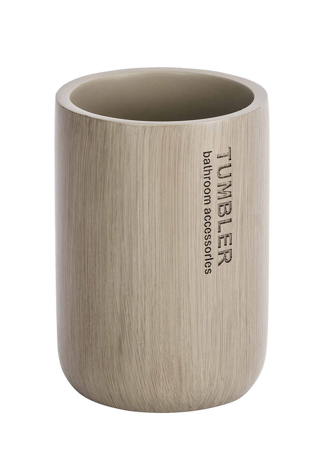 Zahnputzbecher Palo taupe aus seitlicher Perspektive, mit vertikaler Beschriftung 'TUMBLER bathroom accessories'.