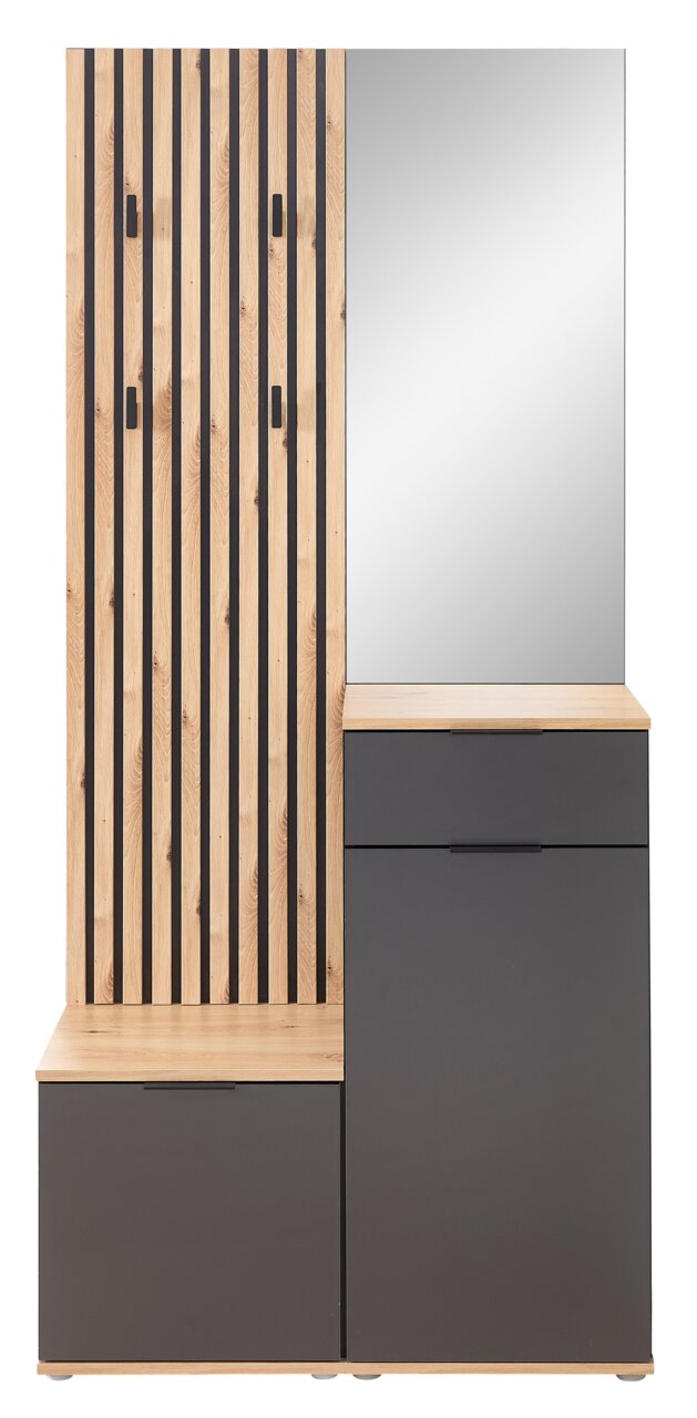 Compacte kapstok met houten en metalen elementen, spiegel en opbergruimte, vooraanzicht