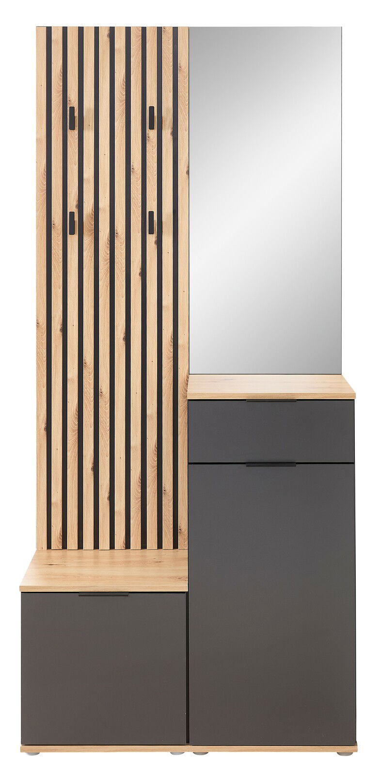 Kompaktgarderobe mit Holz- und Metallelementen, Spiegel und Stauraum, frontale Ansicht